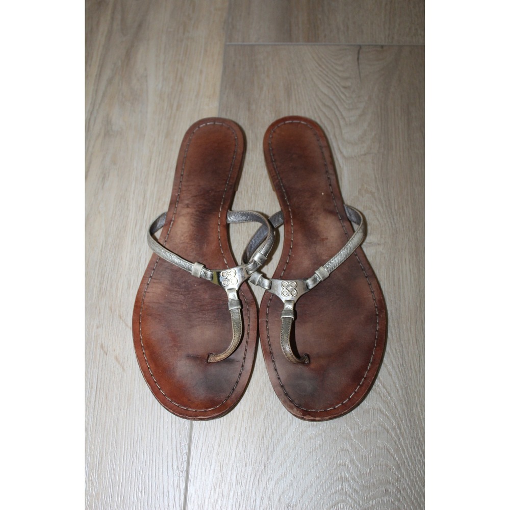 Coach Y2K Women's‎ Leather Thong Sandals Metallic Silver Flip Flops Logo 10.5